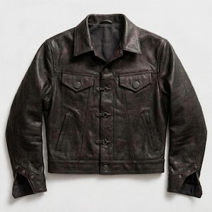 Men's Distressed Leather Trucker Jacket – Embossed Geometric Pattern, Western Toggle Closure