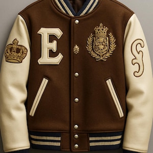 Op de afbeelding: Een bruin varsity-jack met crèmekleurige mouwen, voorzien van een grote letter E op de rechterborst en een geborduurd gouden kroonembleem op de linkerborst. De mouwen hebben een kroonpatch en een krulontwerp, met gestreepte geribbelde boorden bij de kraag.