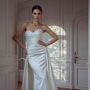 May include: A strapless ivory satin gown featuring a sweetheart neckline with horizontal ruching across the bodice, a fitted silhouette, and a detachable overskirt that drapes from the waist to the floor, creating a long, flowing train.