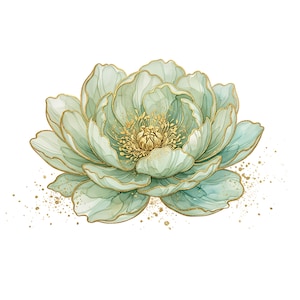 May include: A watercolor-style illustration of a blooming flower with layered, pale mint-green petals. Each petal is outlined in a delicate gold metallic ink. The center of the flower features dense, textured gold stamens and golden speckles.