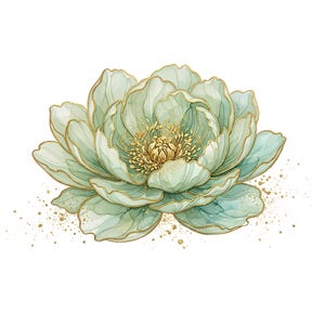 May include: A watercolor-style illustration of a blooming flower with layered, pale mint-green petals. Each petal is outlined in a delicate gold metallic ink. The center of the flower features dense, textured gold stamens and golden speckles.