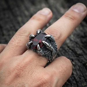 Handmade Dragon Claw Ring, Gothic Eagle Talon Ring with Red Ruby/Garnet Stone, Vintage Oxidized Biker Ring for Men, Mythical Punk Jewelry
