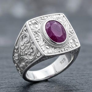 Men's Ruby Signet Ring, Hand Engraved Sterling Silver Ring, Vintage Square Cushion Floral Band, Antique Red Gemstone Statement Ring for Him