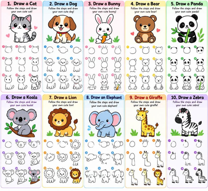 110 Easy Drawing Worksheets for Kids, Step by Step Animal Drawing Book ...