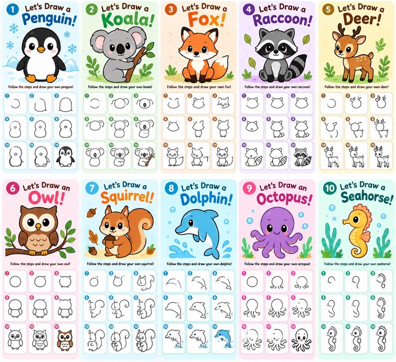 110 Easy Drawing Worksheets for Kids, Step by Step Animal Drawing Book ...