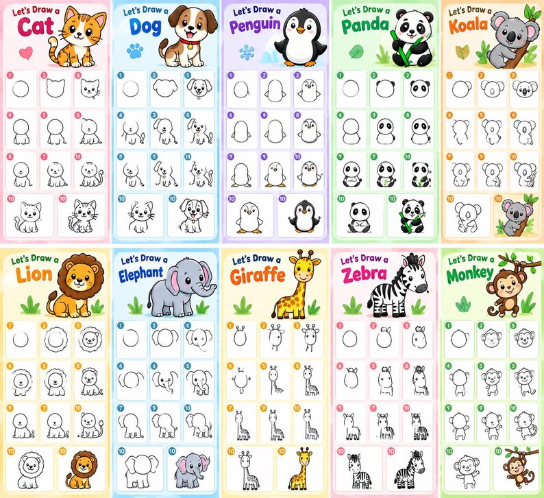 110 Easy Drawing Worksheets for Kids, Step by Step Animal Drawing Book ...