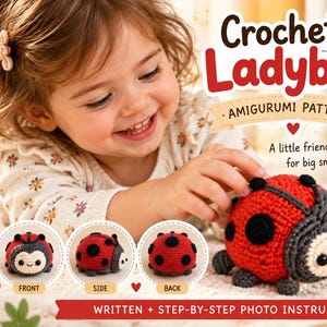 Puede incluir: Un patrón de ganchillo digital en PDF para un juguete amigurumi de mariquita. El documento presenta el texto Crochet Ladybug, incluye instrucciones escritas con fotos y especifica un tamaño final de 7 cm para el juguete rojo y negro.