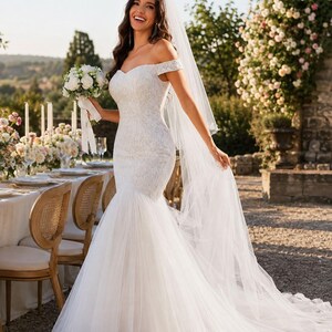 Off Shoulder Mermaid Wedding Dress, Floral Lace Bridal Gown, Ivory Fishtail Wedding Gown with Train