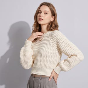Pull court en grosse maille pour femme | Pull à manches longues et col rond | Haut confortable automne-hiver