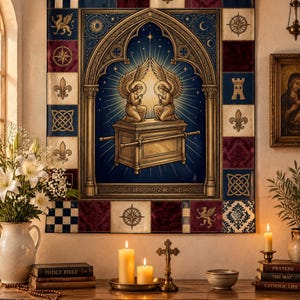 May include: A rectangular wall tapestry featuring a central illustration of two kneeling angels atop the Ark of the Covenant, framed by an archway. The border consists of alternating squares displaying fleur-de-lis, compasses, towers, and geometric patterns in shades of blue, cream, and deep red.