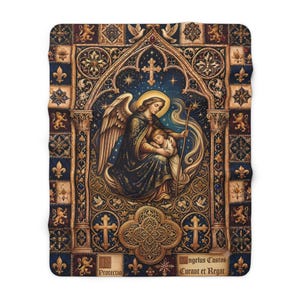 May include: A rectangular throw blanket featuring a central illustration of an angel embracing a child within a gothic archway. The design includes gold, blue, and cream colours with lion and fleur-de-lis motifs and the text Angelus Custos Curant et Regat.