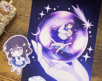 Alchemist's Midnight Fortune ~ OC Print and Sticker Set | Whimsical Witchy Original Character Digital Art Moon and Stars Crystal Ball