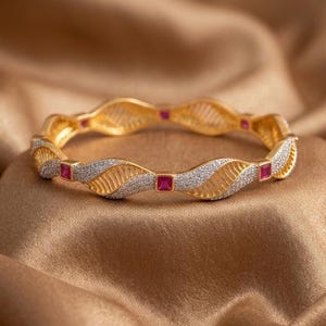 Ruby Bangle Bracelet, 925 Sterling Silver, 14K Gold Plated, Moissanite Accent, Red Ruby, Luxury Bridal Jewelry, Elegant Gift for Her