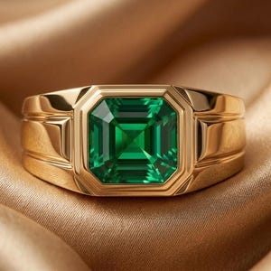 May include: A gold ring featuring a large, square-cut, vibrant green gemstone set in the center. The band has a polished, smooth finish with stepped, geometric detailing on the sides that frame the central stone, creating a structured look.