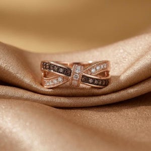 May include: A rose gold ring featuring a crossover band design. One side of the band is encrusted with clear white stones, while the other side features dark brown stones. A central vertical bar connects the two bands, also set with clear white stones.