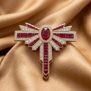 May include: A gold brooch featuring a central oval-cut red gemstone surrounded by a halo of small white stones. The piece is accented with rectangular red stones and rows of small white stones arranged in a geometric, fan-like wing pattern.