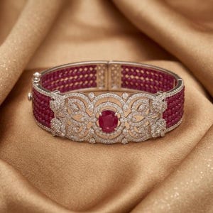 Ruby & Moissanite Bangle Bracelet, 14K Gold Plated 925 Sterling Silver Cuff, Vintage Bridal Jewelry Gift for Women