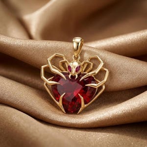 Könnte beinhalten: Ein goldener Anhänger in Form einer Spinne mit einem großen, facettierten, herzförmigen roten Edelstein als Körper. Die Spinne hat acht goldene Beine, die nach außen ragen, und zwei kleine, oval geformte rote Edelsteine als Augen.