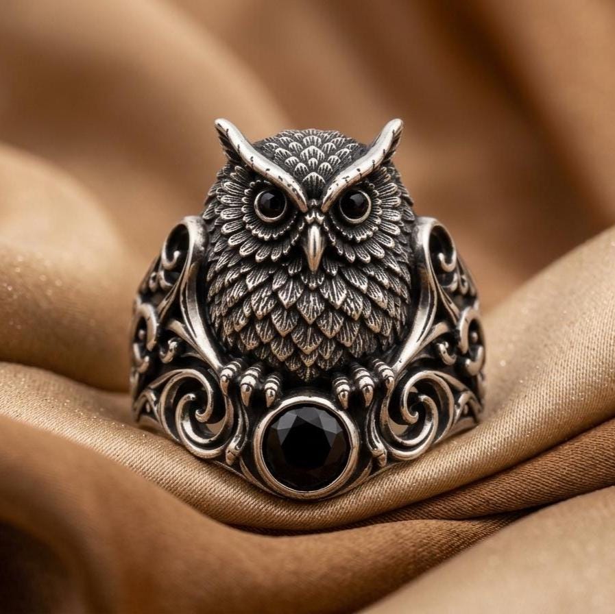 Owl Ring, Black Onyx Ring, 925 Sterling Silver, 14K Gold Plated, Vintage Gothic Ring, Mens Statement