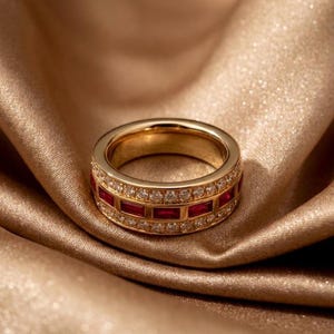 May include: A gold band ring featuring a central row of rectangular red rubies alternating with small clear stones, bordered by two outer rows of pavé-set clear round stones. The metal has a polished finish and a wide, thick profile.