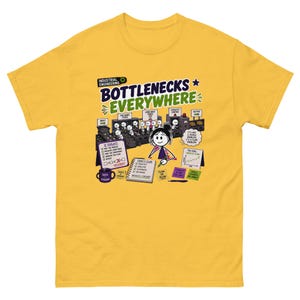 Puede incluir: Una camiseta de color amarillo mostaza con una ilustración gráfica titulada "INDUSTRIAL ENGINEERING BOTTLENECKS EVERYWHERE." El diseño muestra una figura de palo trabajando en un escritorio con gráficos, una lista "IE TOOLKIT" y una escena de fábrica con etiquetas como "TOO MANY STOPS," "LONG WAIT TIMES" y "CAPACITY LIMITED."