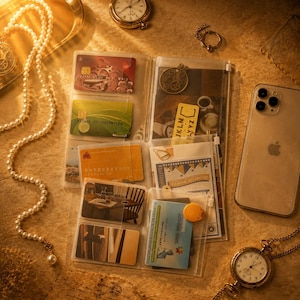Peut inclure: Un porte-cartes en plastique transparent rempli de diverses cartes de crédit, cartes d'identité et petits inserts en papier. L'organisateur est entouré d'un collier de perles blanches, d'une montre de poche dorée et d'un smartphone sur une surface texturée.