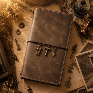 May include: A rectangular brown leather journal secured with a dark elastic band featuring three small brass charms shaped like a clamp, a hammer, and a trowel. The journal has visible stitching along the edges and a weathered, textured surface.