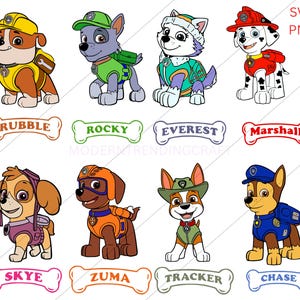 Op de afbeelding: Een digitale illustratieset met acht cartoonpuppy's in verschillende gekleurde uniformen en uitrustingen, elk gecombineerd met een botvormig naamplaatje. De personages zijn Rubble, Rocky, Everest, Marshall, Skye, Zuma, Tracker en Chase.