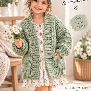 May include: A sage green crochet cardigan and matching headband set. The text reads: Light & Airy Cardigan & Headband, Cozy Stylish Timeless, CROCHET PATTERN, FOR ALL SIZES, 1/2 YRS - XXXXL. The cardigan features a ribbed collar, cuffs, and pockets.