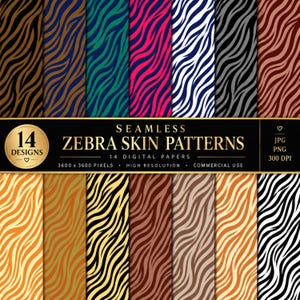 Peut inclure: Une collection de 14 motifs de peau de zèbre sans couture dans diverses combinaisons de couleurs, notamment noir, marron, bleu, vert, rose et orange. L'image présente une bannière noire centrale avec le texte doré SEAMLESS ZEBRA SKIN PATTERNS.
