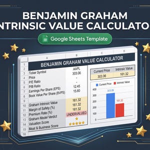 May include: A digital Benjamin Graham Intrinsic Value Calculator Google Sheets template featuring a spreadsheet interface with financial data, a bar chart comparing current price to intrinsic value, and gold star icons on a dark blue background.