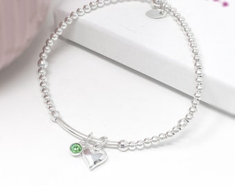 Birthstone & Heart Sterling Silver Bracelet, Stretch Silver Bead Stacking Bracelet, Valentines Gift for Her