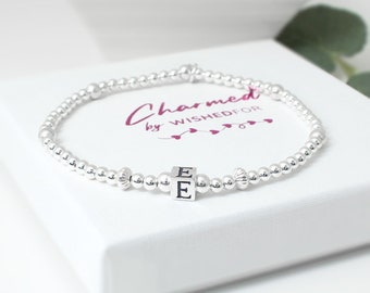 Personalised Sterling Silver Bracelet, Stretch Silver Bead Stacking Bracelet