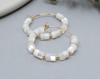 Mother of Pearl Earrings, Gemstone Hoops, 14ct gold fill Gift for Her, Cali Hoops