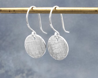 Textured Coin Earrings, Sterling Silver Hammered Disc Drop Earrings, Birthday Gift for Her