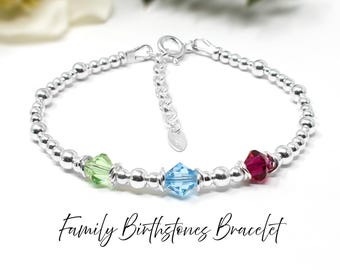 Family Birthstones Bracelet, Sterling Silver Beaded Crystal Jewellery Gift for Her, Custom Birthstones