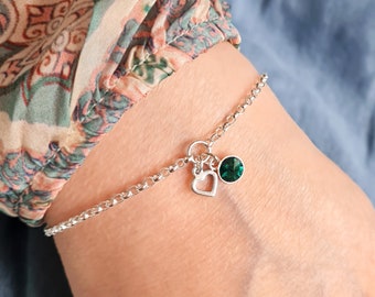 Heart and Birthstone Bracelet, Sterling Silver Custom Birthstone Jewellery