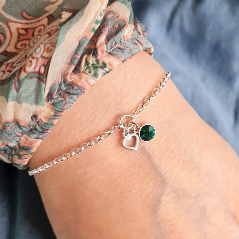 Heart and Birthstone Bracelet, Sterling Silver Custom Birthstone Jewellery image 1