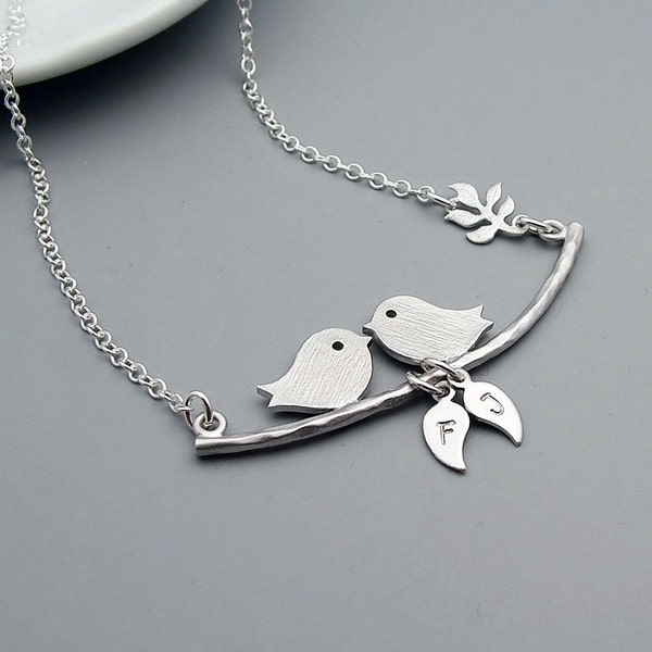 Birds on a Branch Necklace, Two Initials, Sterling Silver Bird Necklace,  Mama Bird Family Necklace, Love Birds, Mom, Couples