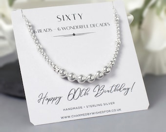 60th Birthday Necklace, Sterling Silver 60 Gift for Her | BEATRICE | Optional Birthstone, Womens Sixty Bead Necklace