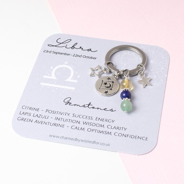 Libra Zodiac Keyring, Gemstone Gift for Libra, Star Sign Key Chain