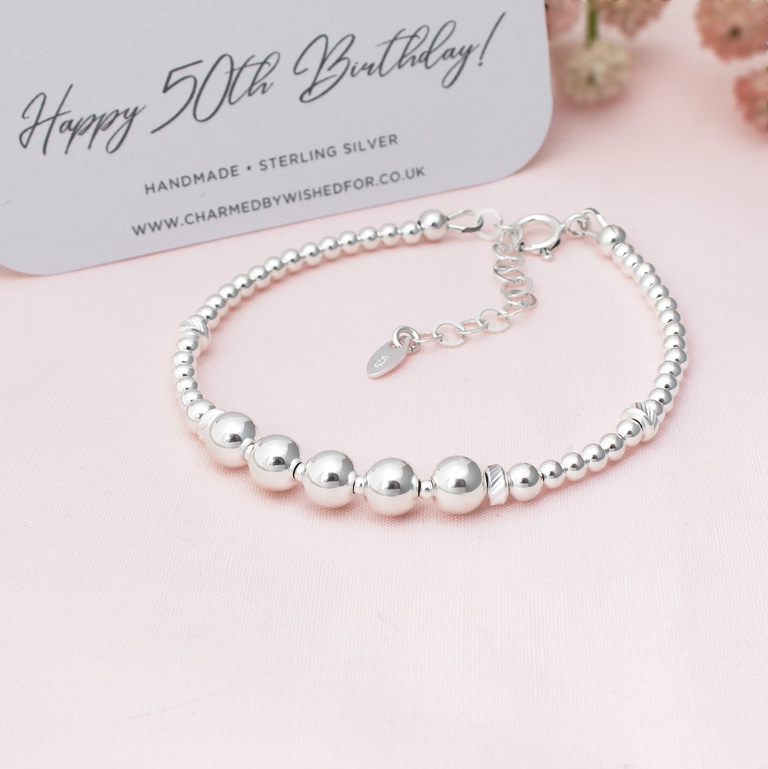 50th Birthday Bracelet | BEATRICE | Sterling Silver 50 Gift for Her, Optional Birthstone, Womens Fifty Bead Bracelet