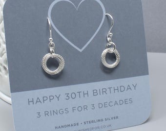 30th Birthday Sterling Silver Earrings: Three Ring Decade Gift