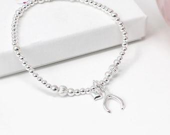 Wishbone Sterling Silver Stretch Bracelet, Can be Personalised, Bead Stacking Bracelet, Lucky Wishbone Good Luck Gift for Her