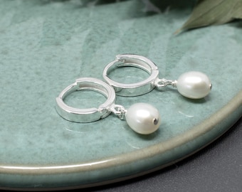 Pearl Huggies, Sterling Silver Huggy Hoop Earrings with Freshwater Pearl