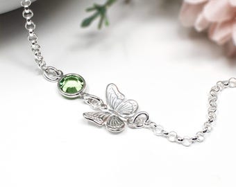 Birthstone Butterfly Bracelet, Sterling Silver Personalised Birthstone Jewellery