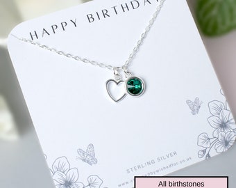 Heart & Birthstone Necklace, Sterling Silver Birthday Gift | CORA | Thinking of You, Gift for Her