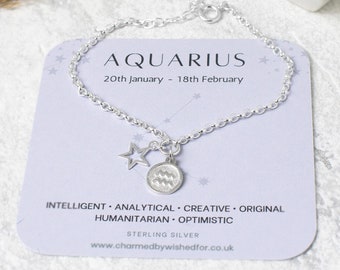 Aquarius Bracelet, Sterling Silver Zodiac Gift for Her, Can be Personalised