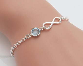 Birthstone Infinity Bracelet, personalised silver bracelet, gift for her, bridesmaids gift