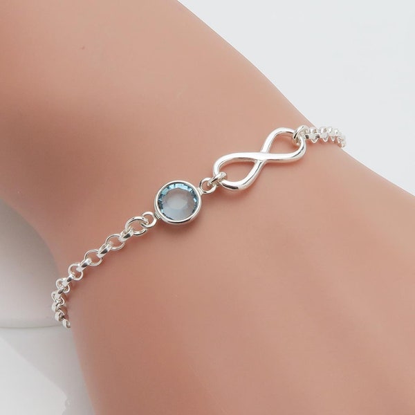 Birthstone Infinity Bracelet, personalised silver bracelet, gift for her, bridesmaids gift